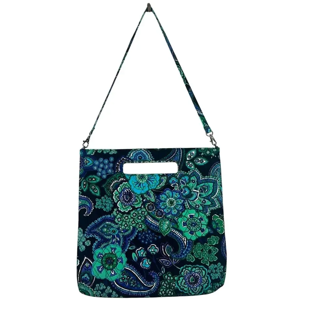 Vera Bradley Crossbody Tote Bag Rhapsody Blue Green Quilted Floral Paisley 70s